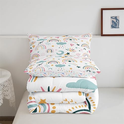 Miniatura 4 de Feelyou Juego de edredón de arcoíris tamaño individual para niñas, lindo juego de ropa de cama bohemio con diseño de arco iris, diseño de nubes, sol