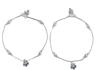 ZENEME Set Of 2 Rhodium-Plated American Diamond Studded Floral Charm Anklets For Girls and Women Price In India