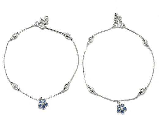 ZENEME Set Of 2 Rhodium-Plated American Diamond Studded Floral Charm Anklets For Girls and Women