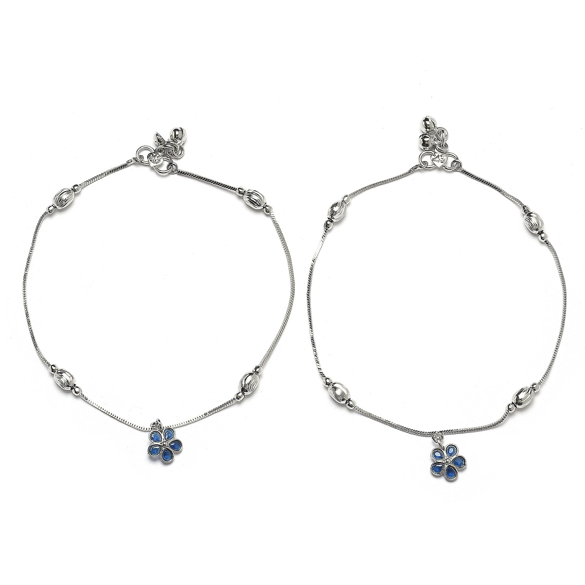 Set Of 2 Rhodium-Plated American Diamond Studded Floral Charm Anklets For Girls and Women