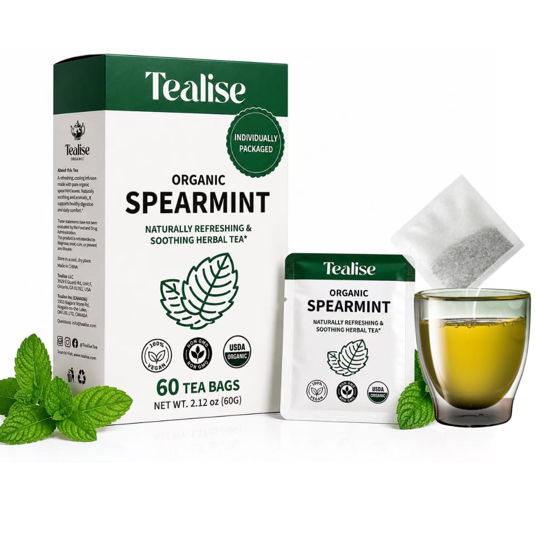 Organic Wellness Herbal tea 60 Servings Plant-Based Tea Bags – Caffeine Free with individual Wrap (Spearmint)