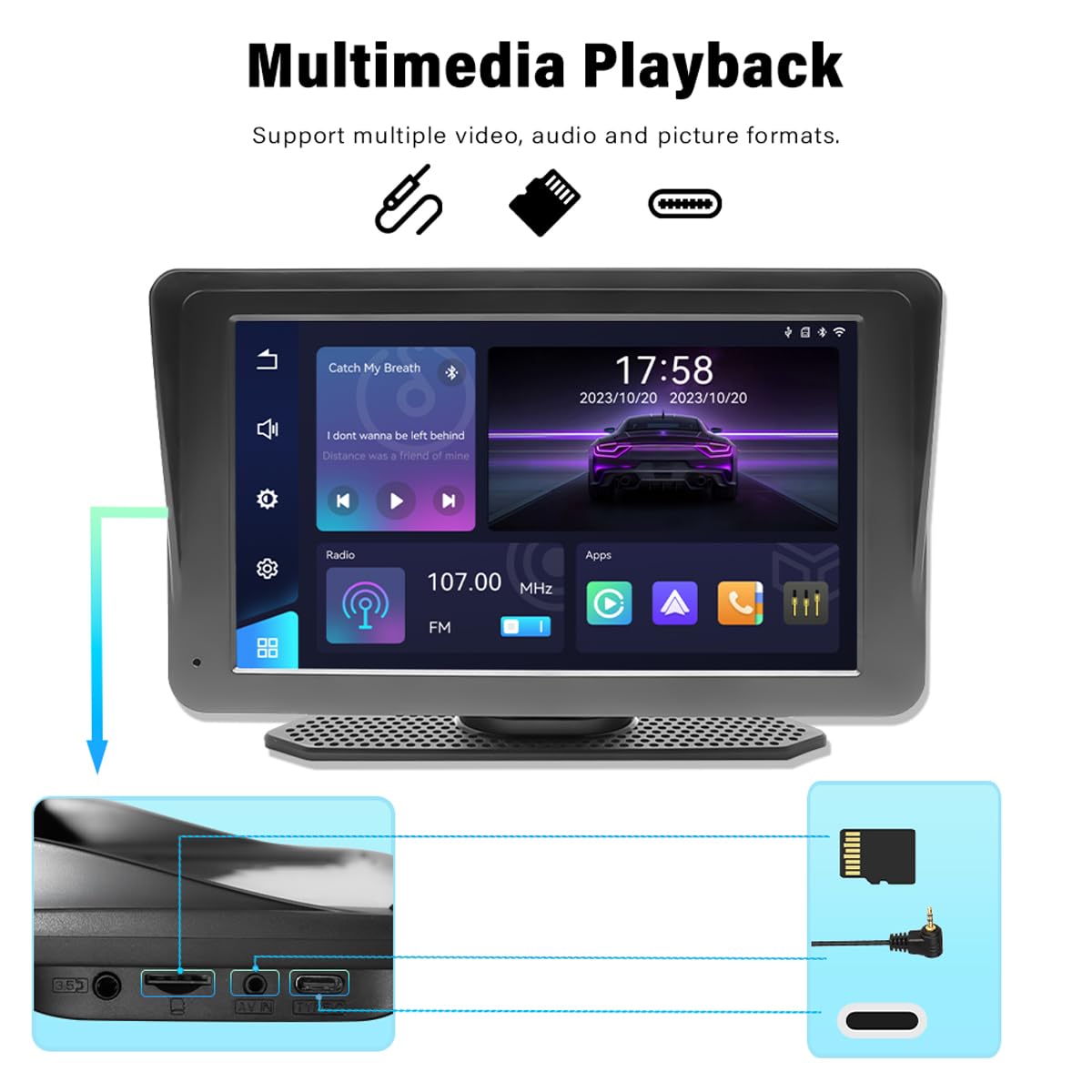 Ricevitore autoradio wireless per autoradio con touchscreen IPS portatile da 7 pollici e Android Auto con collegamento specchio Youtube Bluetooth AUX FM trasmettitore scheda TF