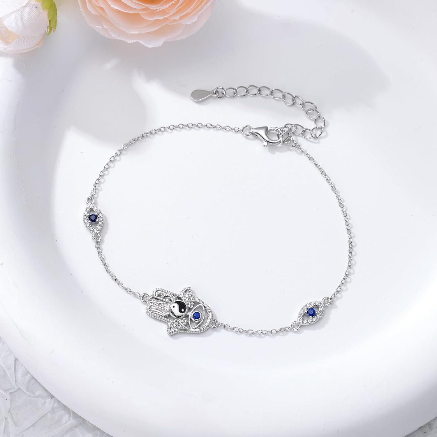 PROESS Hamsa Bracelet 925 Sterling Silver Yin Yang Tree of Life Evil Eye Hamsa Bracelet Hamsas Hand Jewelry Gifts for Women - Image 3