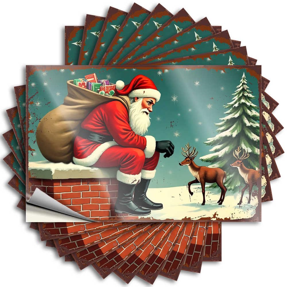 Entry Way Decoration Bottle Sticker | Santa Claus Rests On Chimney with Reindeer in Snowy Night Accent Durable Vinyl Sticker Easy Apply for Things(8X12CM)