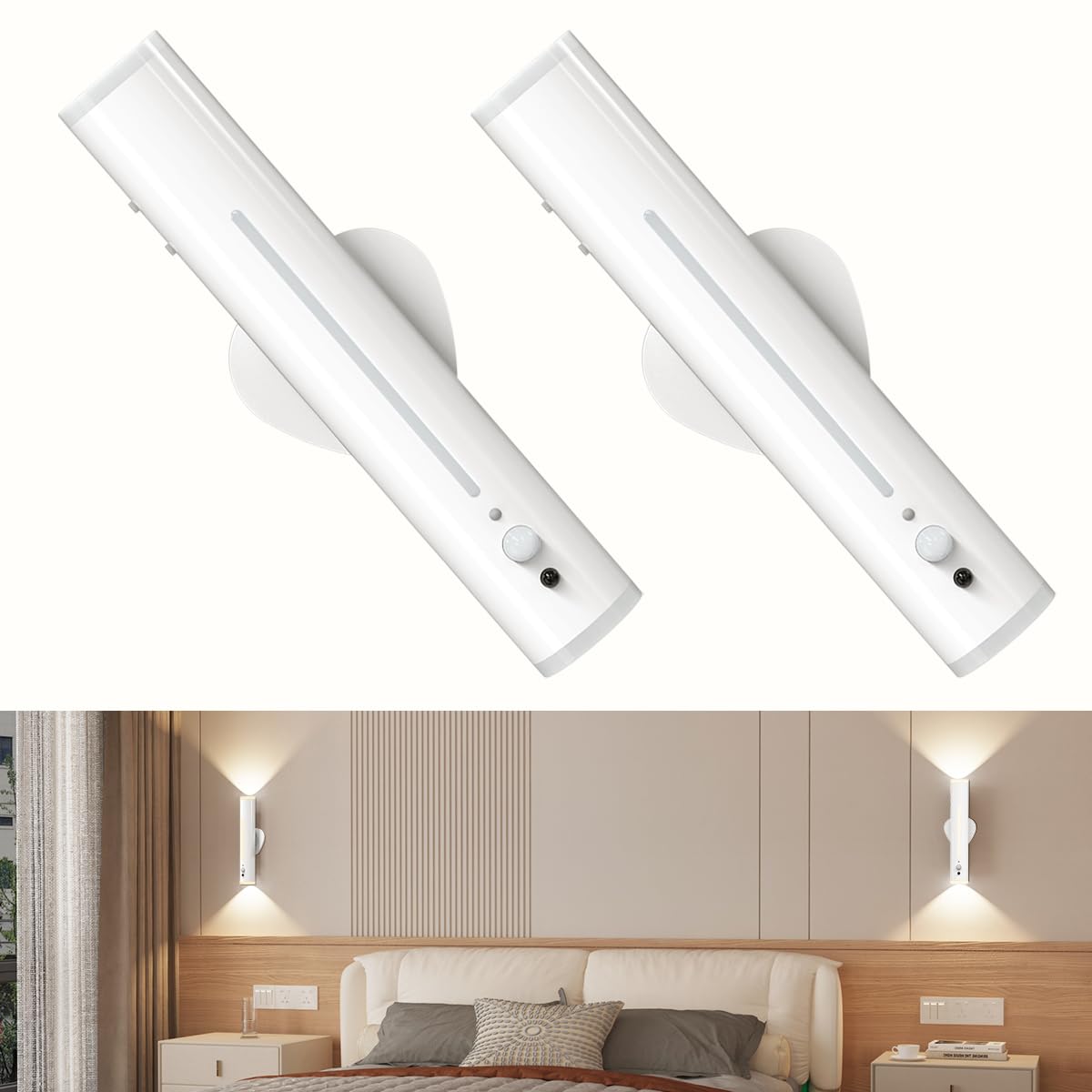 bravzurg Apliques Pared Dormitorio Recargable 2 Piezas, Lamparas Pared Sin Cable con Sensor de Movimiento, Magnetica Metal 360° Giratorio, Luces LED Pilas Inalambrica para Interior, Exterior, Estar