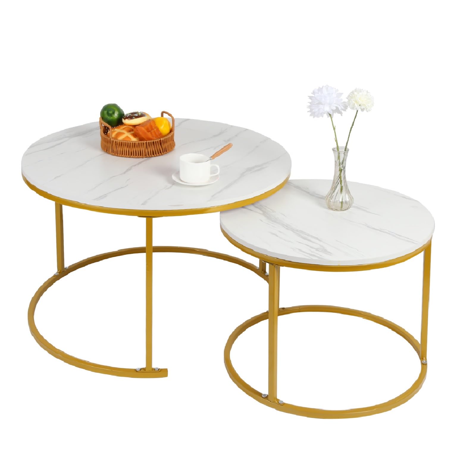 OHMG Set de 2 Tables Gigognes Rondes,Tables Basses,70/50cm,Table d'appoint Ronde,Design Moderne,Table de Salon en marbre,avec Pied en Acier (Blanc+or-70 * 70 * 45cm)