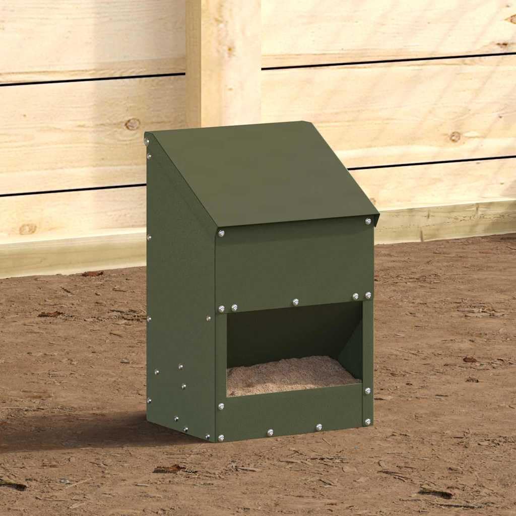 Comedero gallinas metal 3 kg, verde oliva 21 x 16 x 33 cm, resistente e impermeable para interior exterior, fácil montaje con destornillador