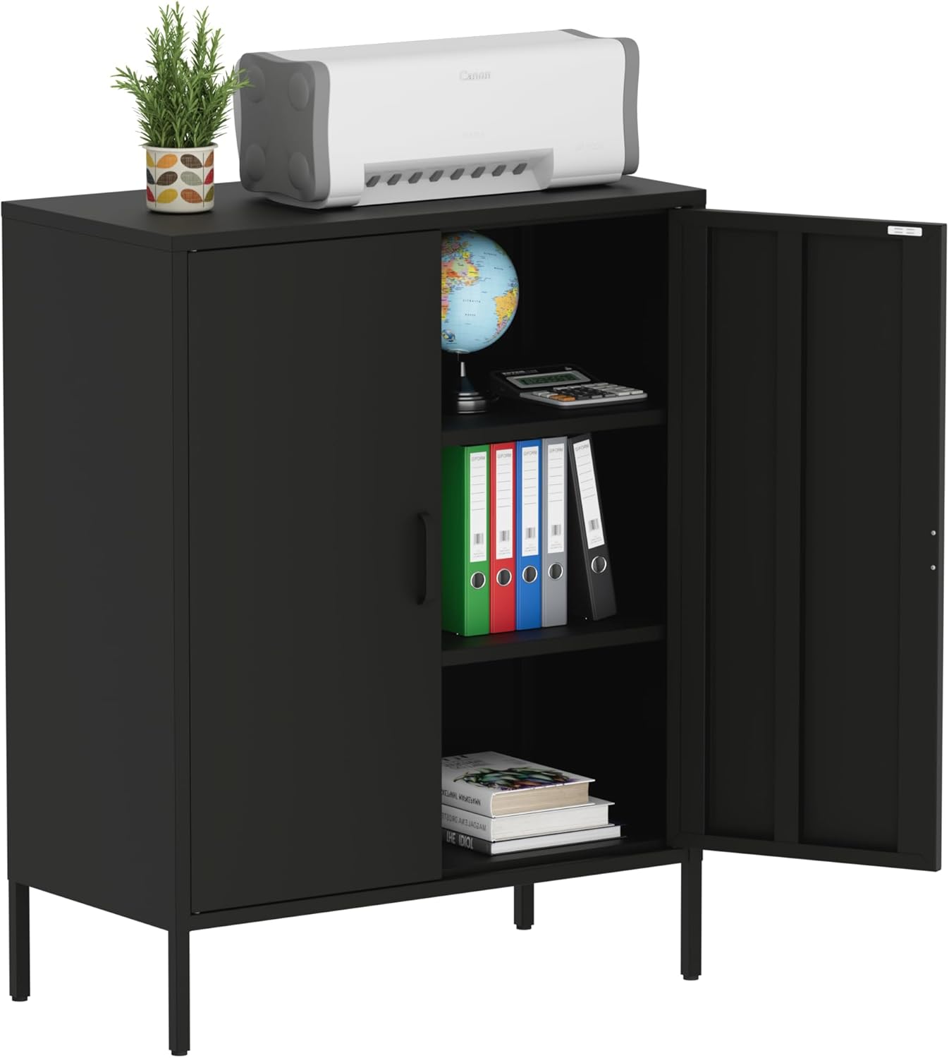 Metal Storage Cabinet with Doors and Shelves,Multipurpose Storage Rack, 3-Tier Shelf,Metal Locker Style Accent Cabinet for Home Office,Living Room,Kitchen (Black, 40”H)