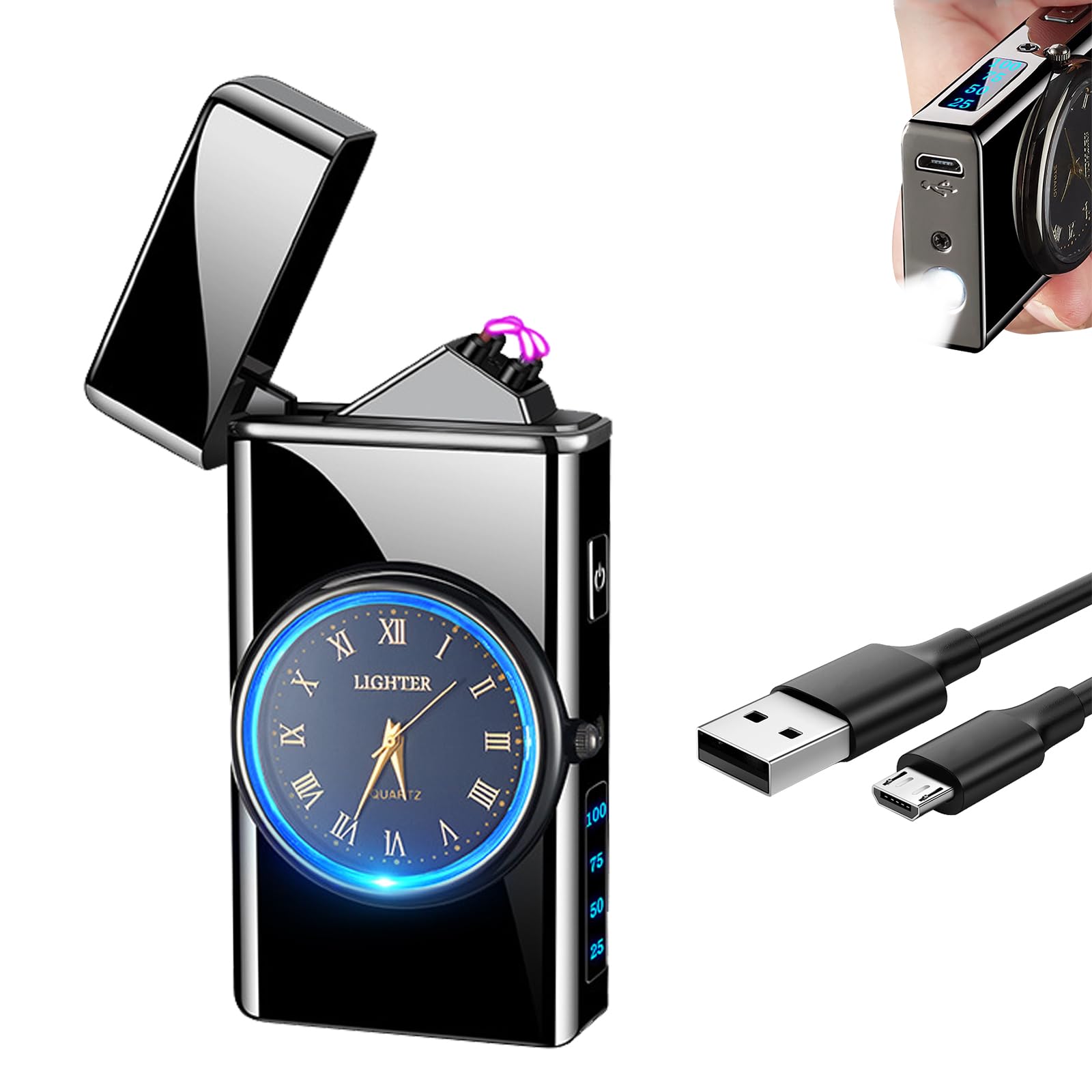 Plasma Lighter Rechargeable Electric Candle Lighter USB Electronic Lighter Windproof Dual Arc Lighter with Gift Box for Holiday, Birthday, Gift for Men and Women (Black)