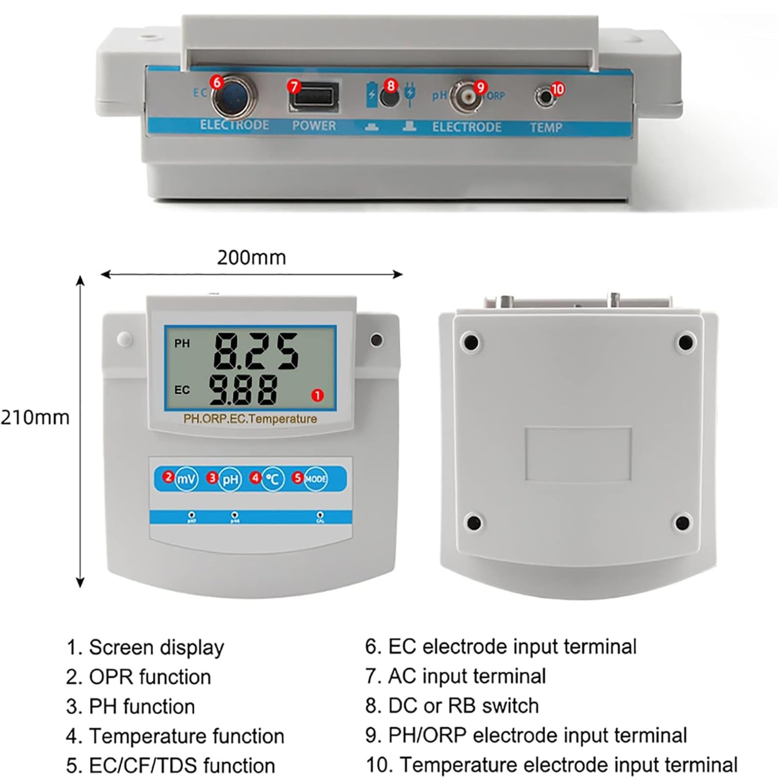 Cyfrowy tester jakości wody z wyświetlaczem LCD, mierzy pH ORP TDS EC CF temperatury, funkcja zapisywania danych, do użytku w laboratorium w basenie akwarium