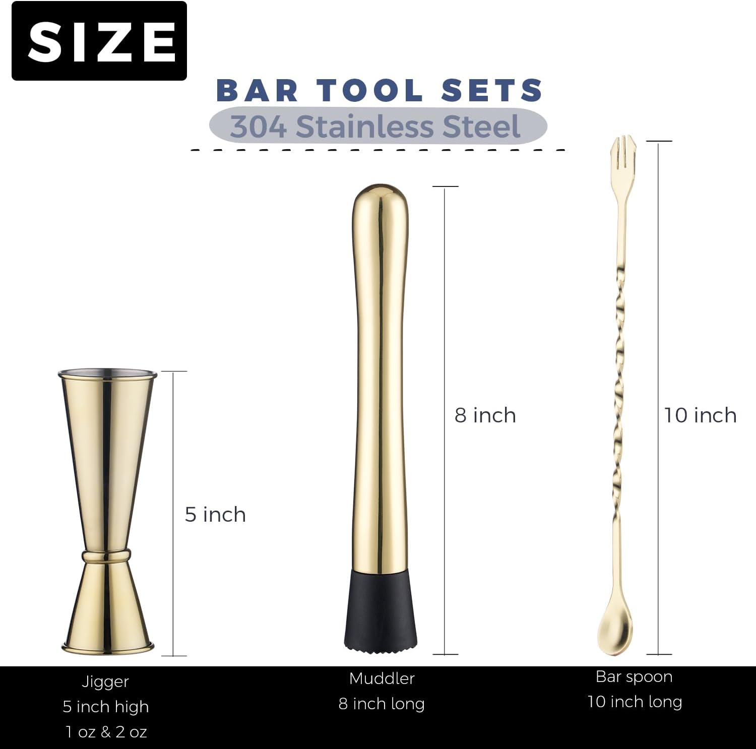 Gold Muddler for Cocktails, 10 Inches Bar Spoon, 1 oz 2 oz Double Jigger- Premium 3 Piece Gold Mixing Tools Set for Drinks