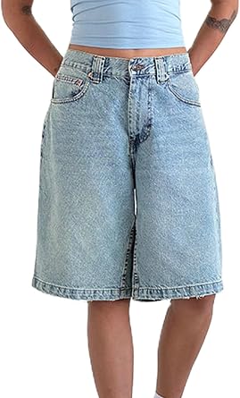 Knee Length Baggy Jorts Women Straight Leg Denim Bermuda Shorts Low Rise Jean Shorts with Pockets