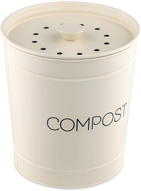 Navaris Metal Compost Bin - 3L Kitchen Composting Bucket with Filter and Lid for Indoor Food Waste Recycling - Includes 3 Charcoal Filters - Cream