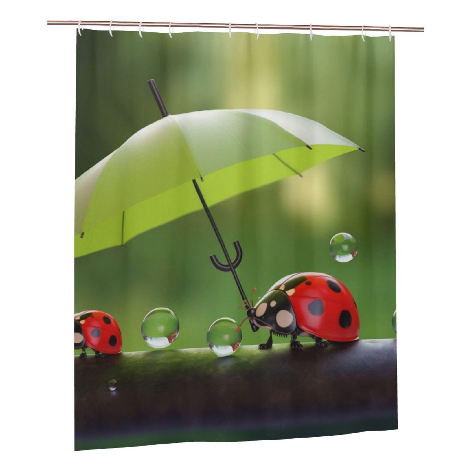 BWWHCCTI Adorable Ladybug With Umbrella Printed Shower Curtain With 12 Plastic Hooks Opaque Quick Drying Waterproof Shower Curtains Sets For Bathroom 152x183 Cm