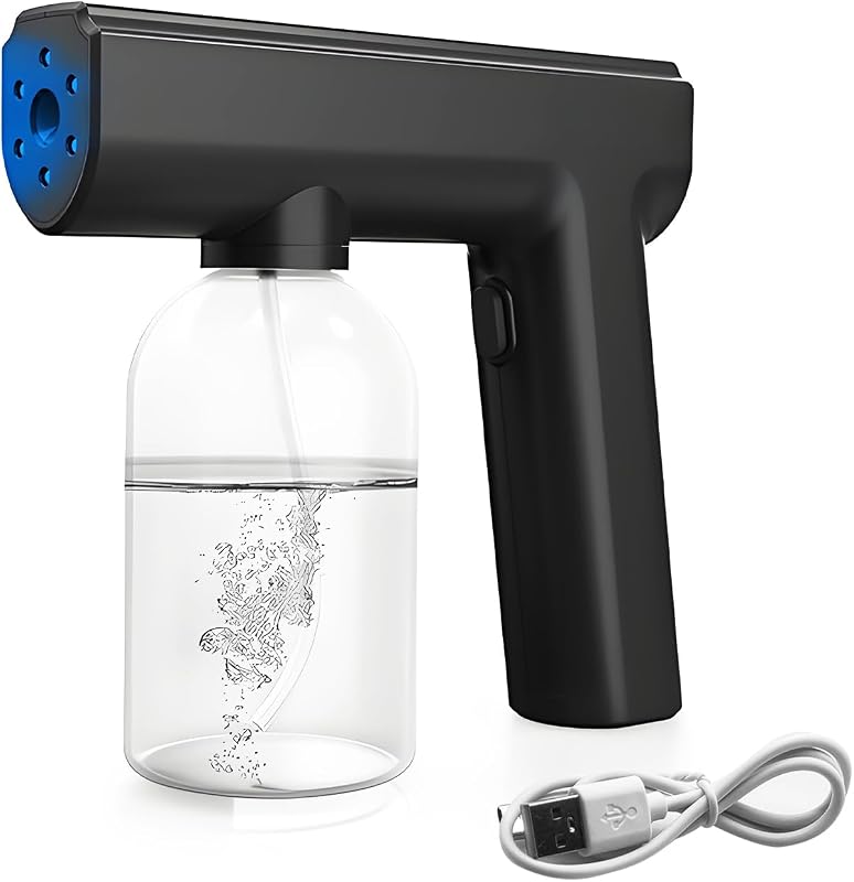 Blue Light Electrostatic Sprayer Handheld Nano Mist Sprayer Black | Disinfectant Fogger with 300ml Large Capacity, Rechargeable Atomizer for Home Office Car Air Refresh Multipurpose Portable