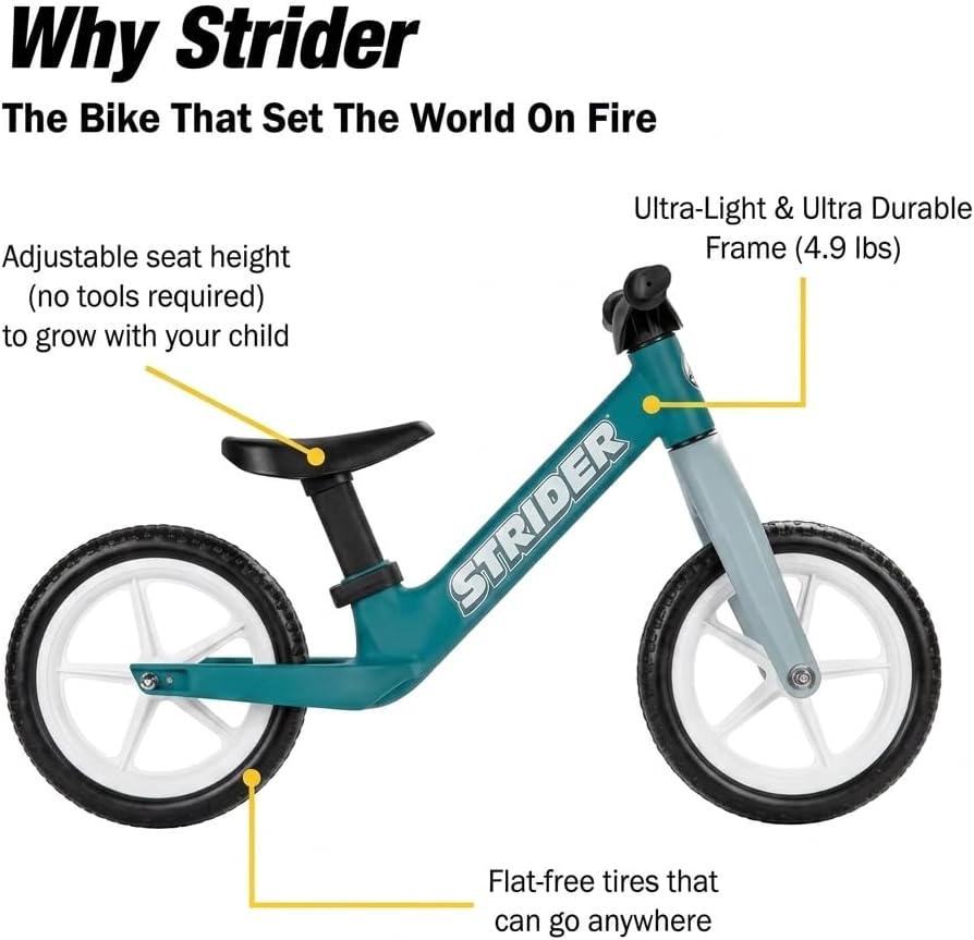 Strider 12” Comp Bike- No Pedal Balance Bicycle for Kids 1 to 3 Years - Tool-Free Assembly & Adjustments.
