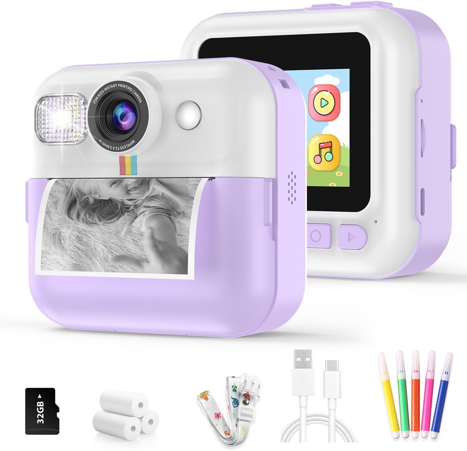 Children's Camera, Instant Camera for Children, 1080P Digital Camera with 32GB Card Printing Paper, Birthday Christmas Gifts for Boys and Girls 3-12 Years (Purple)