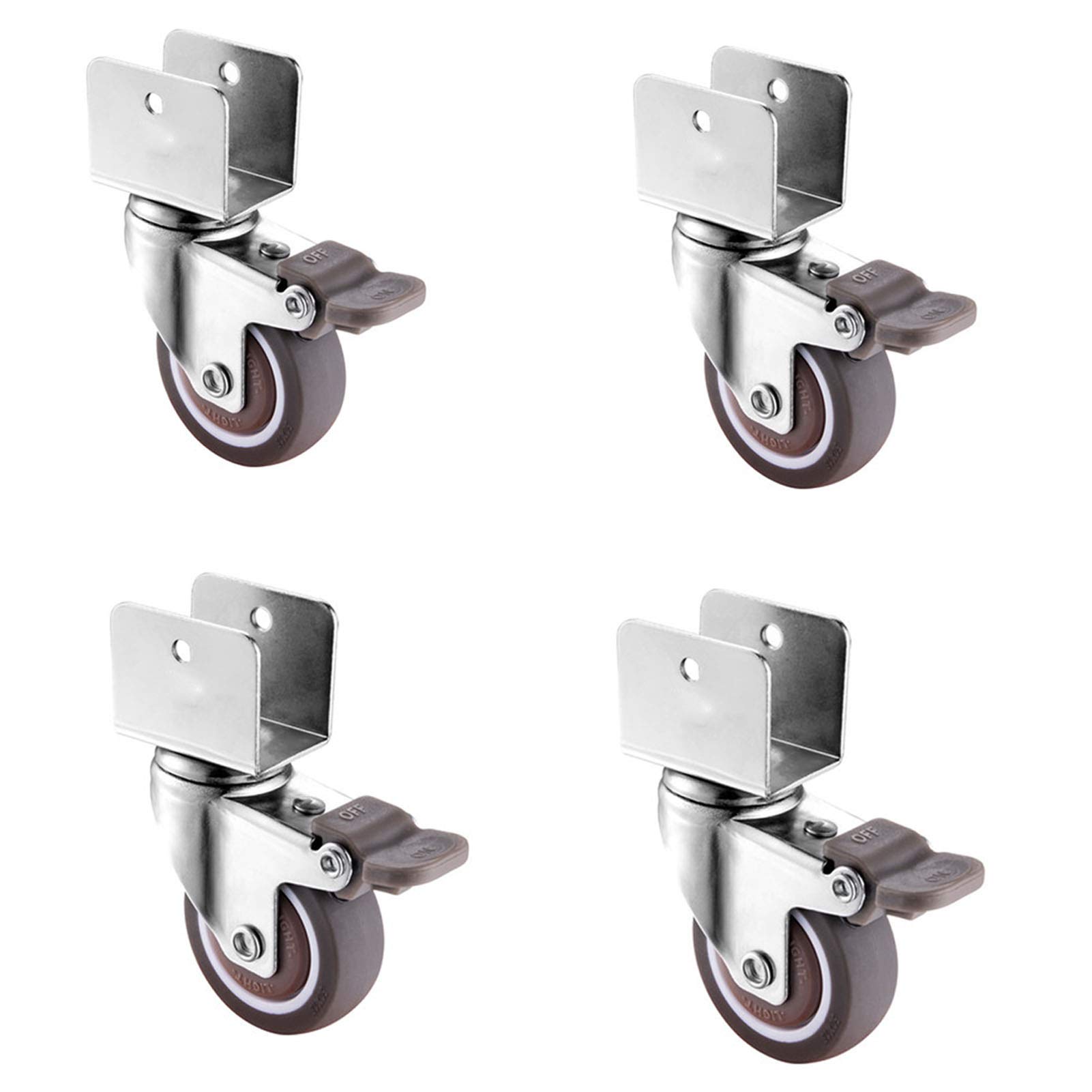 4 Rotelle Girevoli, Rotelle in Gomma Silenziose da 2 Pollici 50 mm, Rotelle di Ricambio, a Forma di U - Rotelle in Compensato, con Rotella del Freno, per Mobili Culla/Fioriera/Tavoli Sedia(1