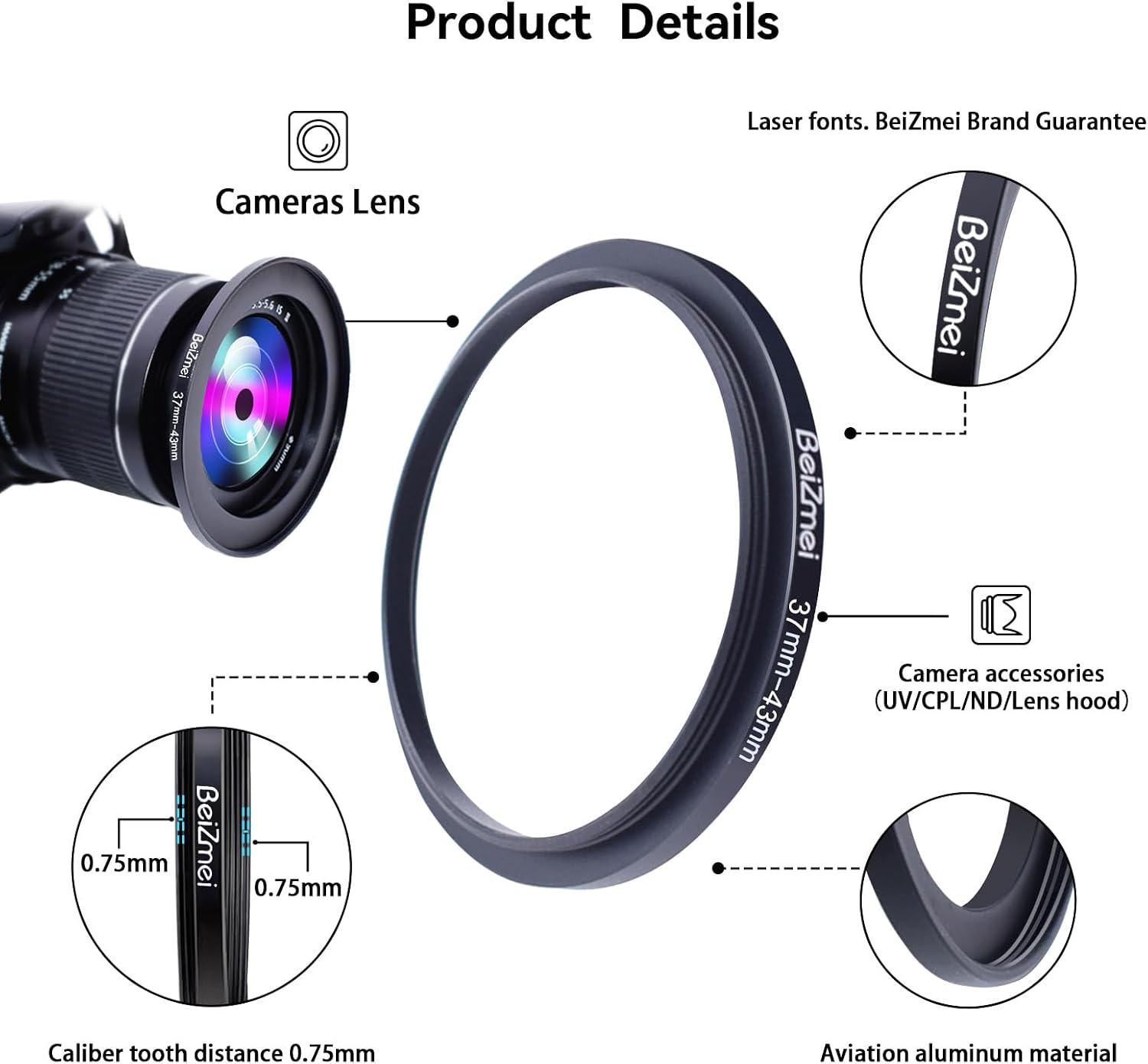 37mm-43mm Camera Filters Ring,Filters Ring Compatiable All Brands Ø37mm Lens to Ø43mm UV ND CPL Camera Filter Accessory.Made of CNC. image 2