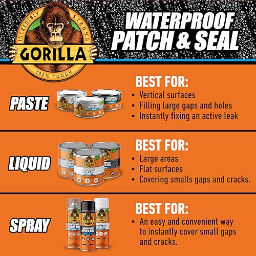 Image of Gorilla Waterproof Patch & Seal Rubberized Sealant Paste, 12.8 Ounce Can, Clear (Pack of 1) - Stops Leaks, Flexible Gap & Crack Filler, Shrink & Mildew Resistant, Paintable