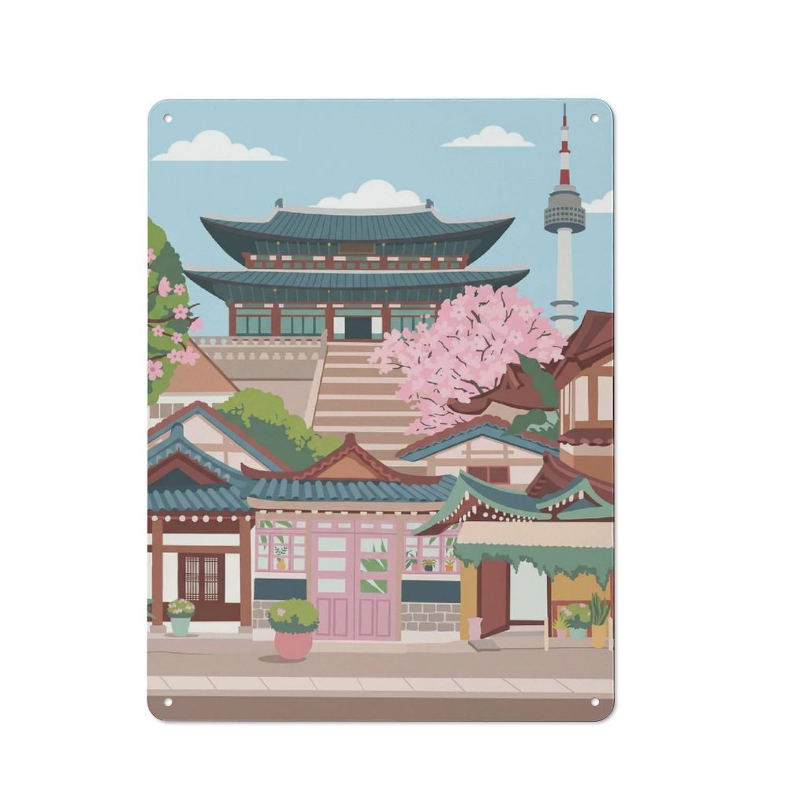 Junmoney Style-5 Seoul Cityscape With Traditional Architecture Rustic Metal Sign 40X30cm For Garden Room Or Summerhouse, For Themed Interiors In Garden Rooms And Summerhouses