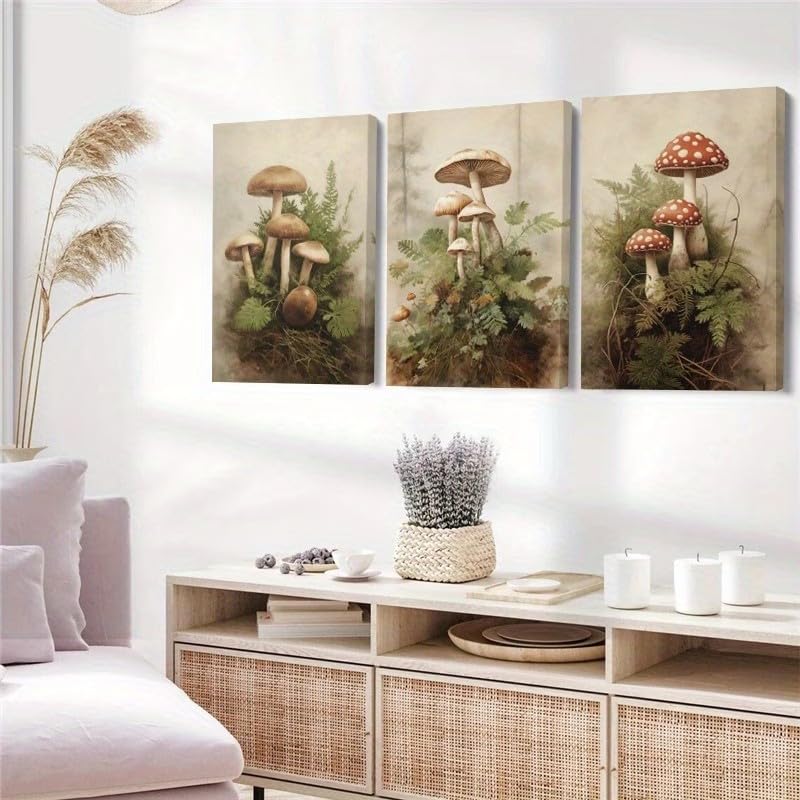 Tableau sur toile vintage décoration murale esthétique chambre triptyque champignons