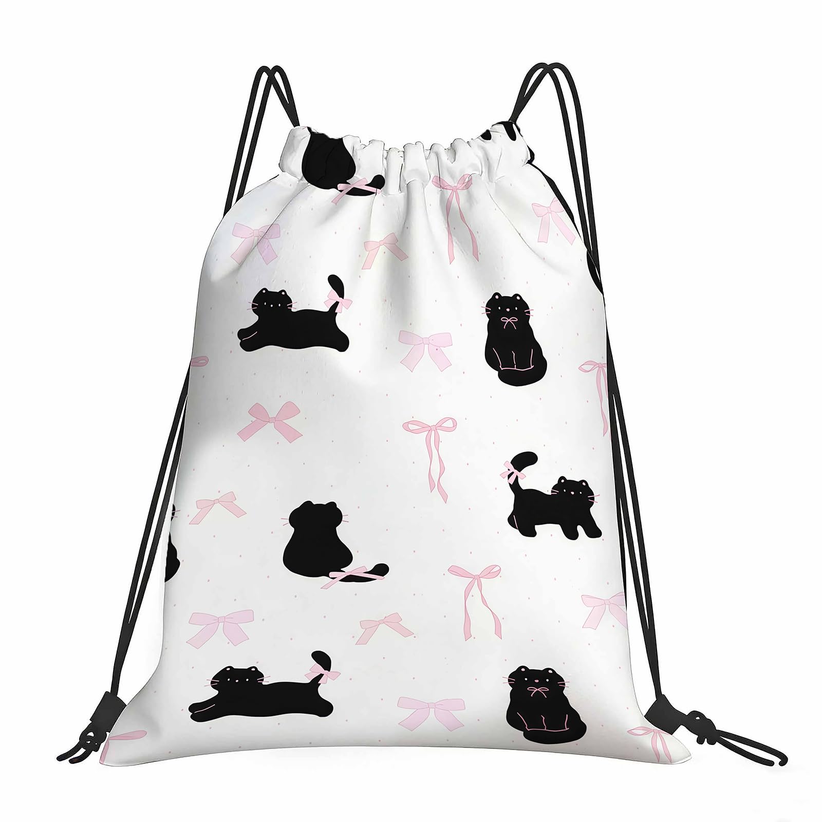 Aurelx Girls Drawstring Bag, Drawstring Swimming Bag with Bow and Black Cat Pattern, Large Capacity Swim PE Bags, Aesthetic Draw String Bags for Sports Enthusiasts Women and Girls