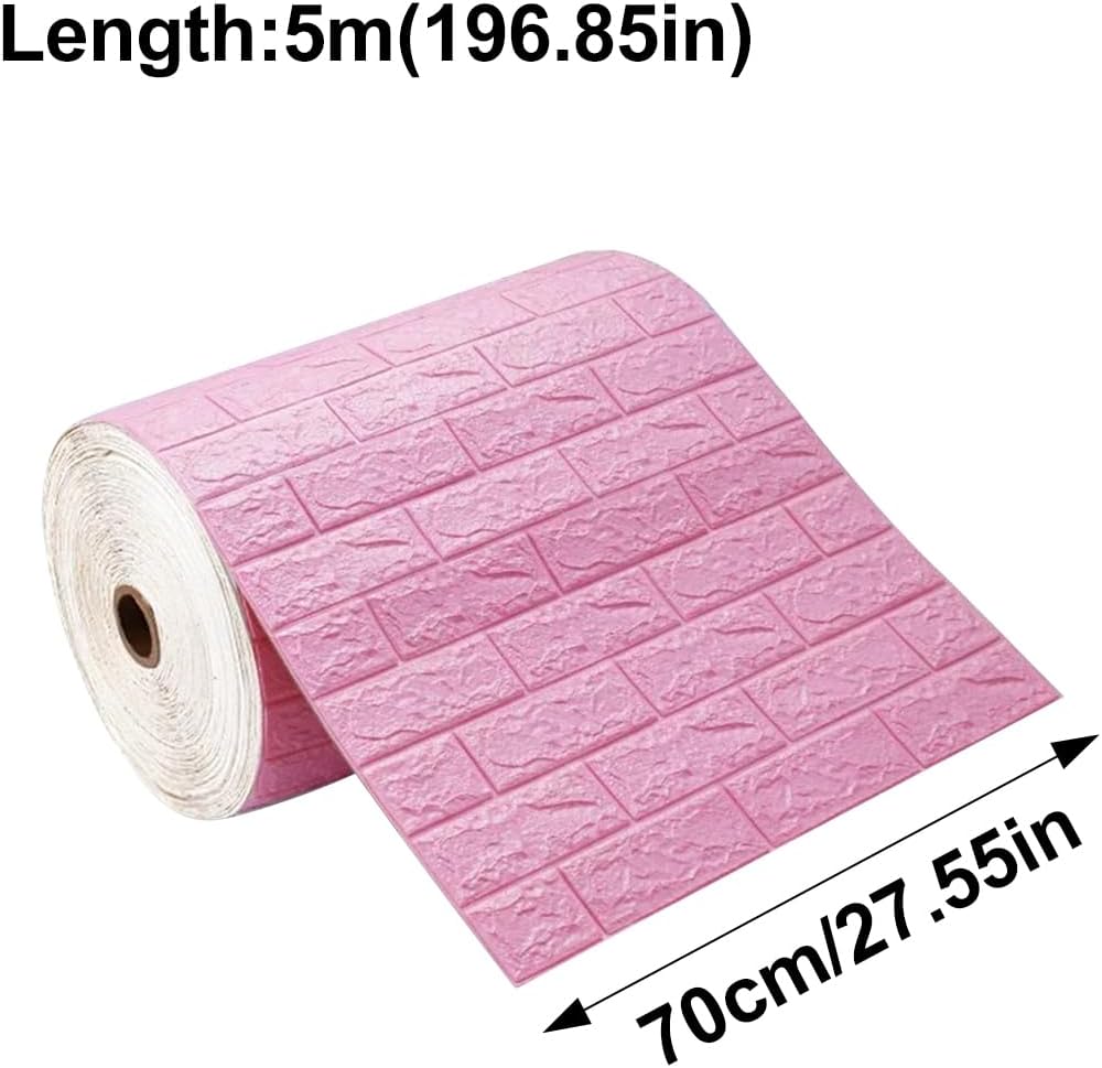 3D Faux Brick Wallpaper 27.5x196.8 Inches Waterproof Foam Wall Panels Peel and Stick Wall Tiles for Living Room Bedroom Background - 37.6 Sq. ft (Pink)
