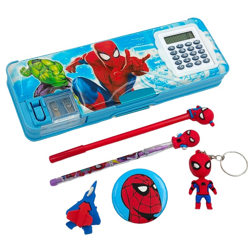Image of Spiderman Pencil Box Integrated Sharpener and Calculator, Magnetic Lock, Dual Compartments, Cartoon Stationery Case School Kit for Girls, Kids, Students Combo Set of 6in1