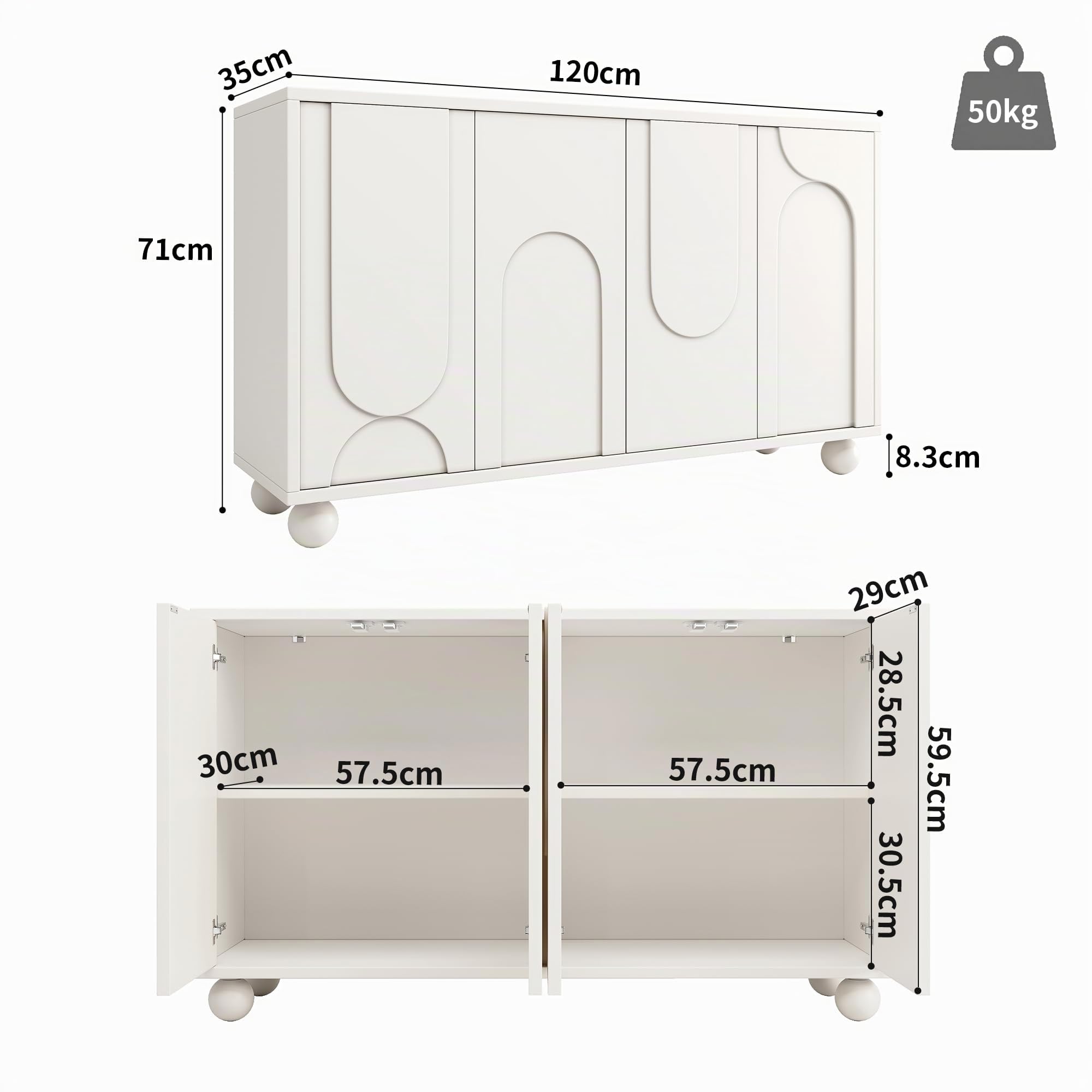 Merax Sideboard 120cm, Küchenschrank mit 4 Türen, Moderner Küchenkommode, Buffetschrank mit verstellbare Ablage, Designtüren, Kippsicher, Holz Aufbewahrungsschrank für Küche Wohnzimmer Esszimmer, Weiß