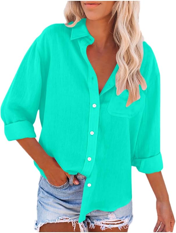 Women's Cotton Linen Button Down Shirts Dressy Casual 2024 Long Sleeve Collared Summer Tops Loose Work Office Blouses