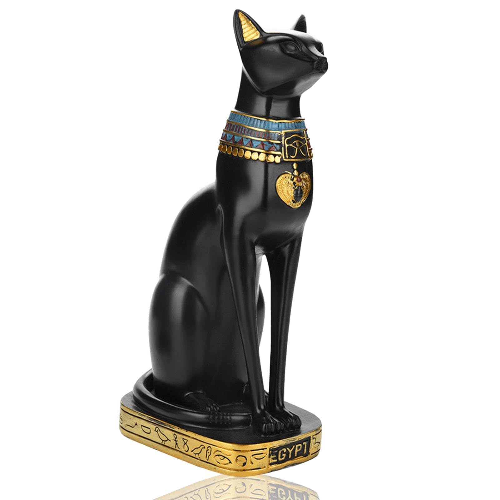 Estatua de gato egipcio Estatua de resina de oro negro, escultura de la diosa Bastet antigua decoración egipcia, gran ornamento animal mítico para la estantería de la oficina del hogar, 13,6 pulgadas