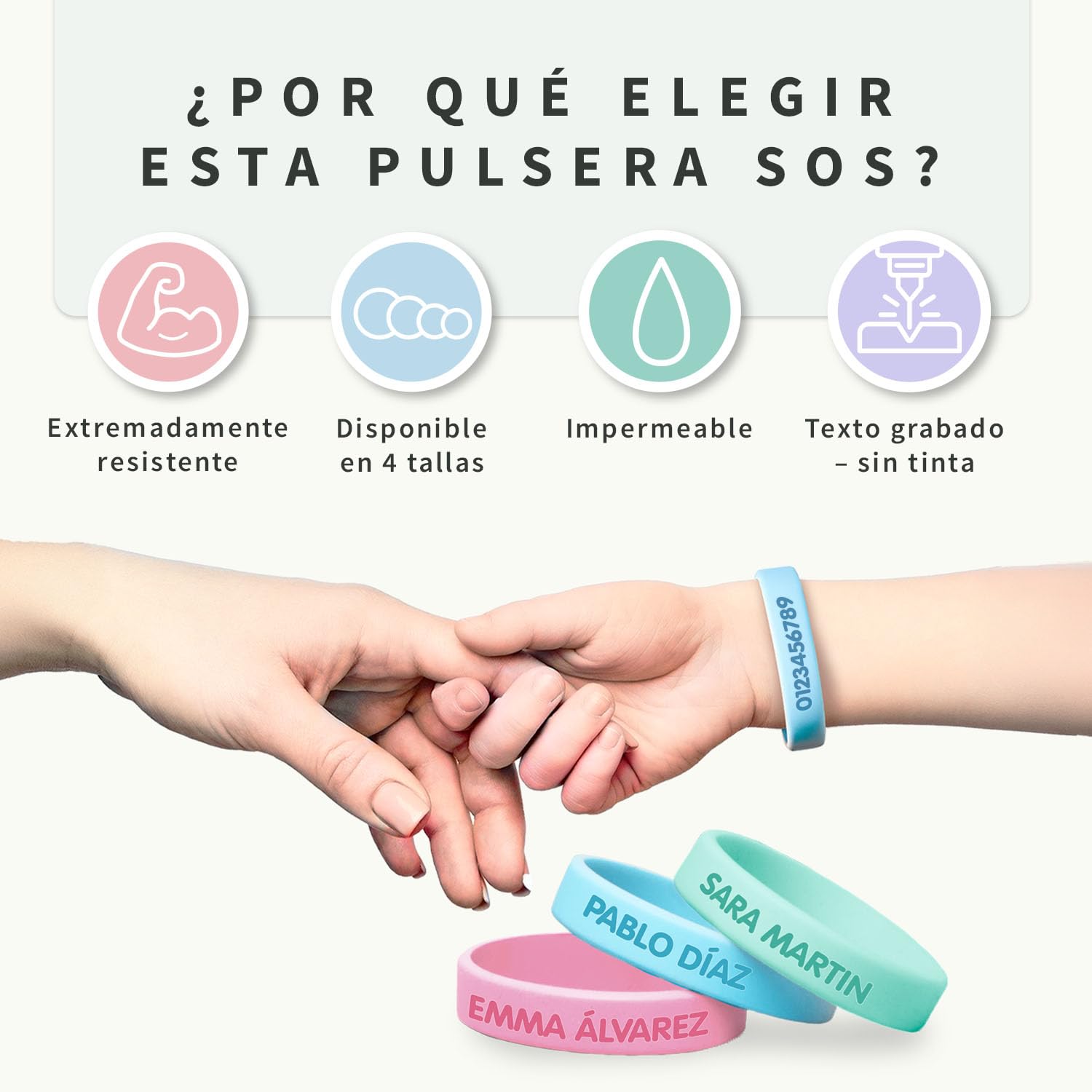 Pulsera personalizada SOS para niños de silicona Ideal para salidas y paseos. En varios tamaños y colores. Resistente al agua y duradera.