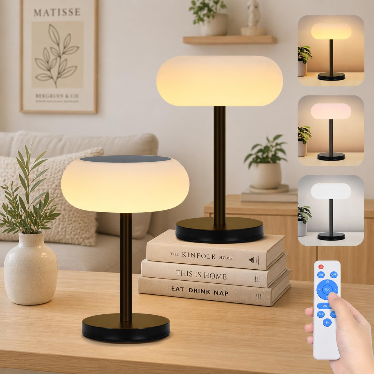 Rosnek 2er Solar LED Tischlampe Kabellos, 4000mAh Tischlampe Akku mit IP65 Wasserdicht & Timer, Intelligente Sensorik mit Fernbedienung, 3 Farbmodi & Stufenlos Dimmbar Tischleuchte für Garten