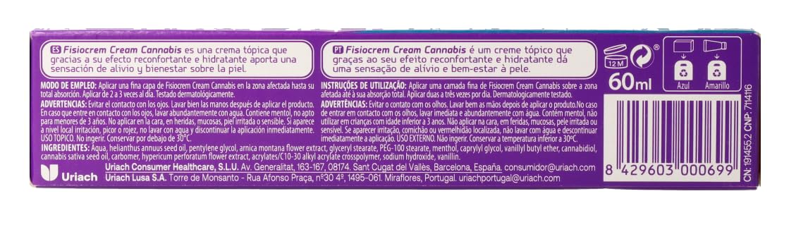 FISIOCREM Pack 2x Fisiocrem Cannabis 60 ml | Con Cannabidiol, Árnica y Hypericum | Crema tópica con efecto calmante y relajante para una sensación de alivio y bienestar en la piel