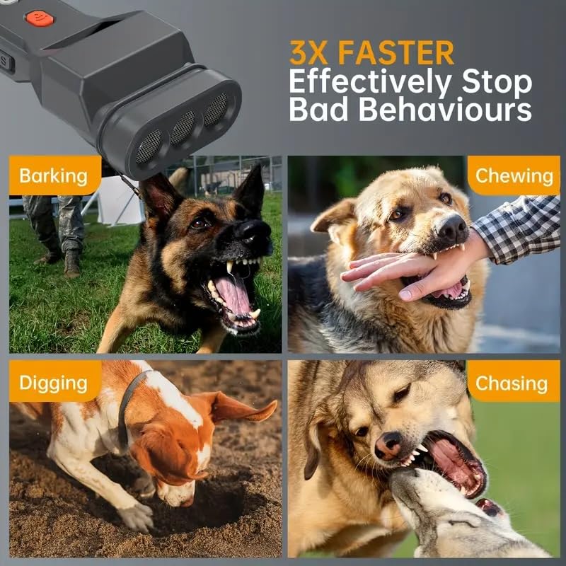 Power Dog - Repelente Ultrasónico para Perros, Dispositivo Portátil para Entrenamiento y Seguridad, 3 Transmisores Ultrasónicos con Linterna LED Super Brillante Recargable USB