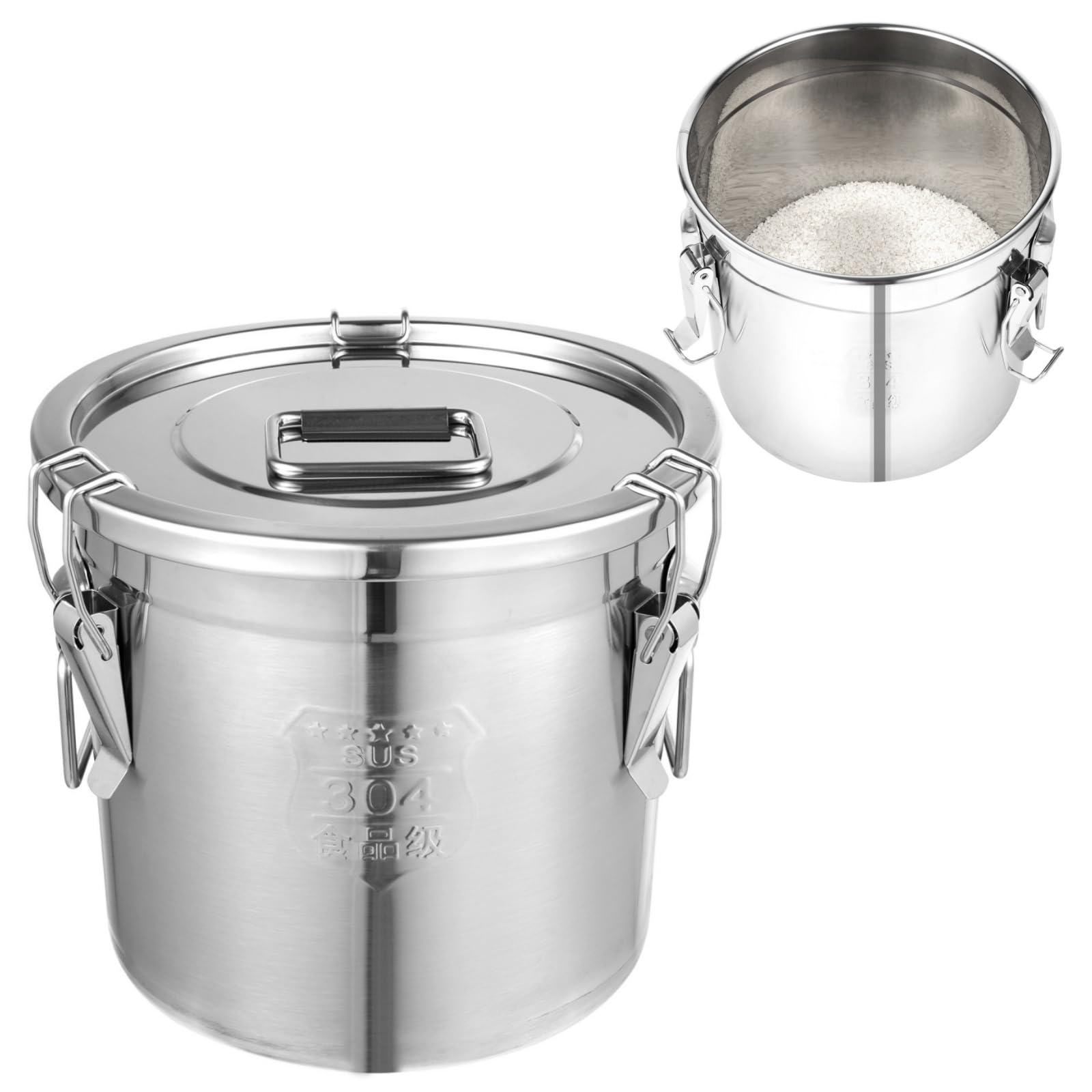 Secchio ermetico in acciaio inox con coperchio e clip di chiusura, 6 l/12 l/21 l/33 l, contenitore per alimenti come riso, farina, cereali, tè, spezie, adatto per cucina, ristorante, hotel, magazzino
