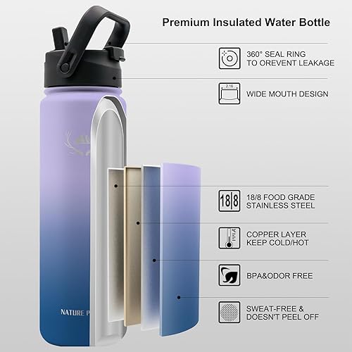 Miniatura 3 de NATURE PIONEOR Botellas de agua aisladas con mango de paracaídas, 24324064 onzas, botella de agua deportiva de boca ancha con 3 tapas, de acero