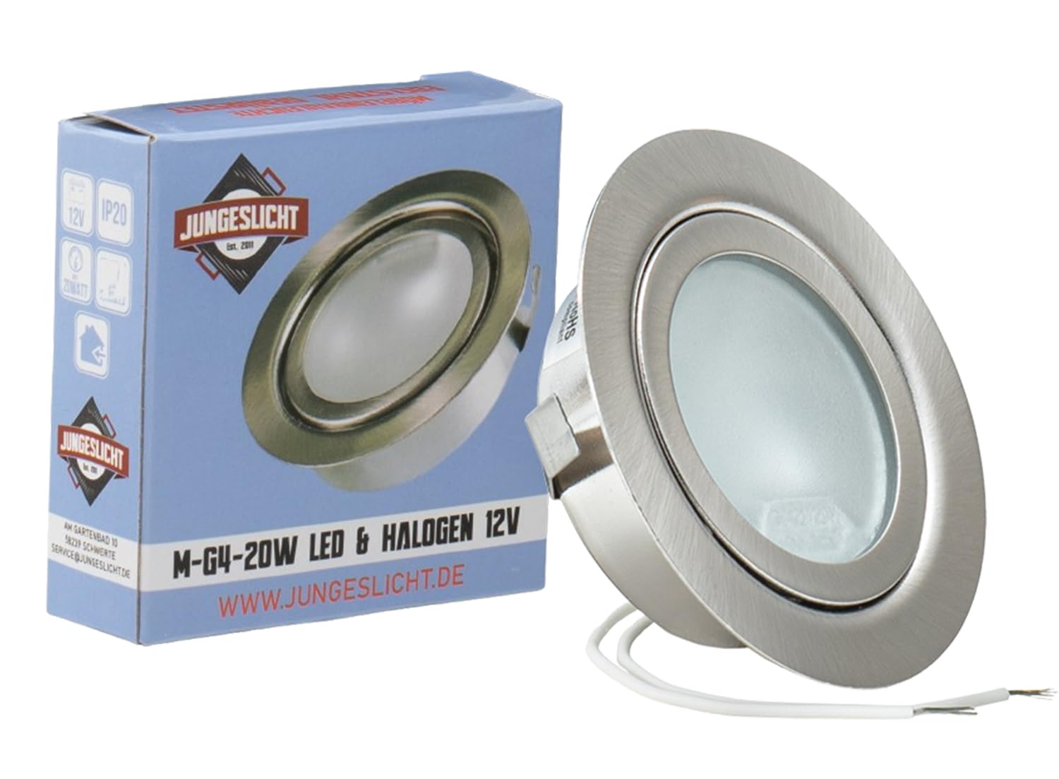 JungesLicht - Möbeleinbaustrahler G4 12V 20W Halogen (dimmbar, LED geeignet) Bohrloch 55-58mm, Durchmesser 72mm, Einbautiefe 20mm, 11cm Anschlusskabel, inkl. Leuchtmittel, Möbelleuchte ultra flach