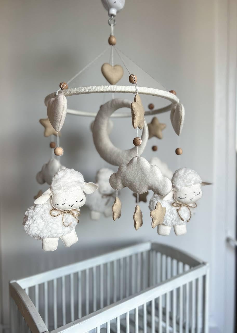Baby mobile Montessori Giostrina lettino per neonato Carillon giostrina musicale in feltro, idea regalo neonato baby shower (Pecorelle)