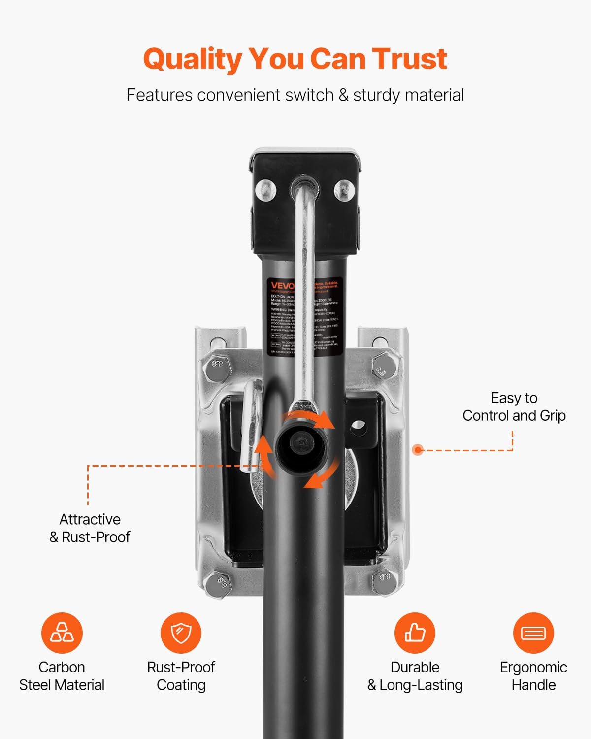 VEVOR Trailer Jack, 2500 lbs Dynamic Load Capacity, Heavy Duty Swivel Bolt-on Trailer Jack with Ergonomic Handle, 15-inch Vertical Travel, Suitable for RV, Horse, Utility, Camping and Yacht Trailers