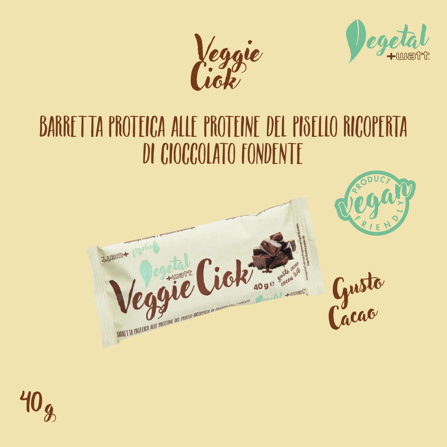 Veggie Ciok 40 g - Barretta proteica 100% vegetale - Vegan - Proteine di pisello dicoperte di cioccolato fontende - Gusto Cacao - Box 24 Barrette