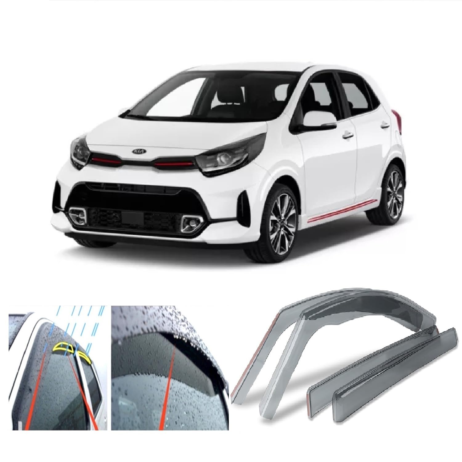 4x Déflecteurs de Vent pour Kia Picanto 2017, 2018, 2019, 2020, 2021, 2022, 2023, 2024, 2025