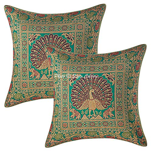 Image of Decorative Brocade Cushion Cover 16x16 Inch Banarasi Jacquard Weave Emerald Green & Gold Living Room Decor Peacock Traditional Square 40x40 cm Zippered Sofa Settee Pillowcase -1 Pc