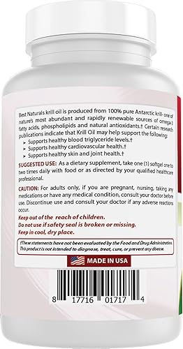 Miniatura 7 de Best Naturals Aceite puro de krill antártico 1250 mg (fuerza triple) con omega-3 EPA, DHA y astaxantina 60 cápsulas blandas