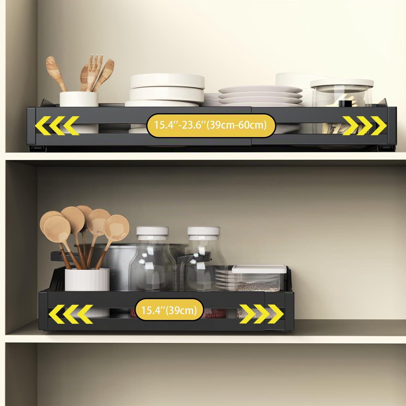 Yawinhe Cajones Extraibles Para Cocina,39-60cm Cajones Telescópicos,Negro | Organizador de Armario Extensible de Cocina;Cajón Deslizante Resistente,sin Necesidad de Taladrar ni Clavar