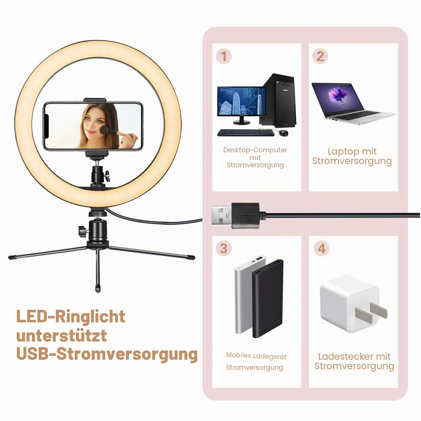AIXPI LED-Ringlicht 10 mit Stativ und Telefonhalter für Live-Streaming und YouTube-Videos, dimmbares Schreibtisch-Make-up-Ringlicht für Fotografie, Aufnahmen mit 3 Lichtmodi und 10 Helligkeitsstufen