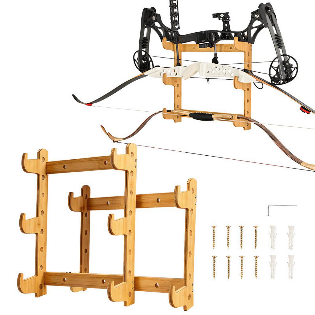 SPG Wood Bow Wall Mount Rack Archery 2 to 3 Layer Bow Hanger Rack Holder Display Stand Wall Mounted Organizer Shelf for Recurve & Compound Bow Storage (2 Layers)