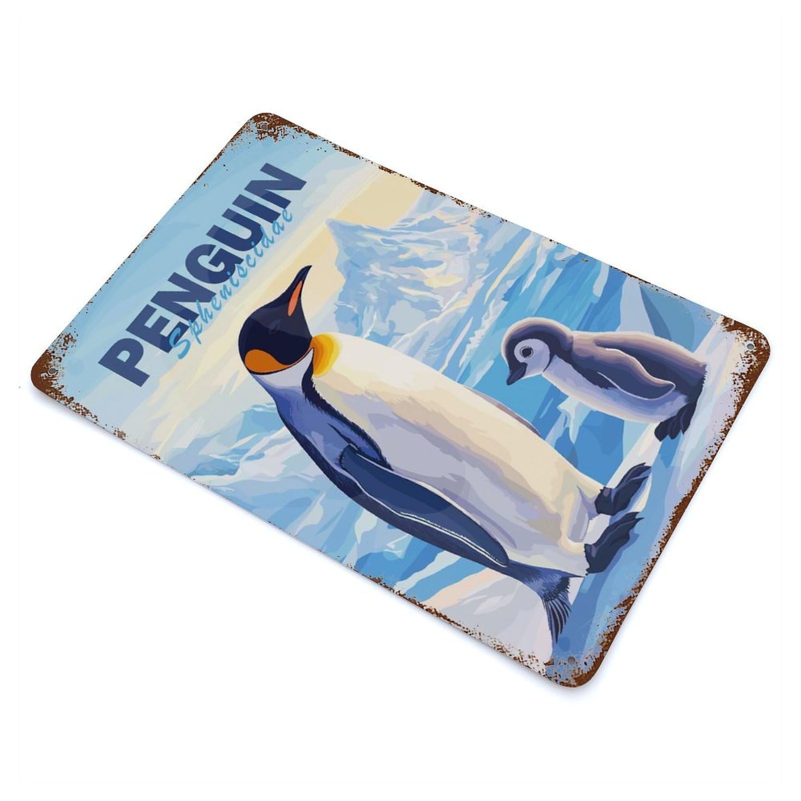 Vintage Rust Metal Sign with Penguin Family Design 11.8"x7.9", for Farmhouse, Kitchen And Entryway Decor, Novelty Wall Decor