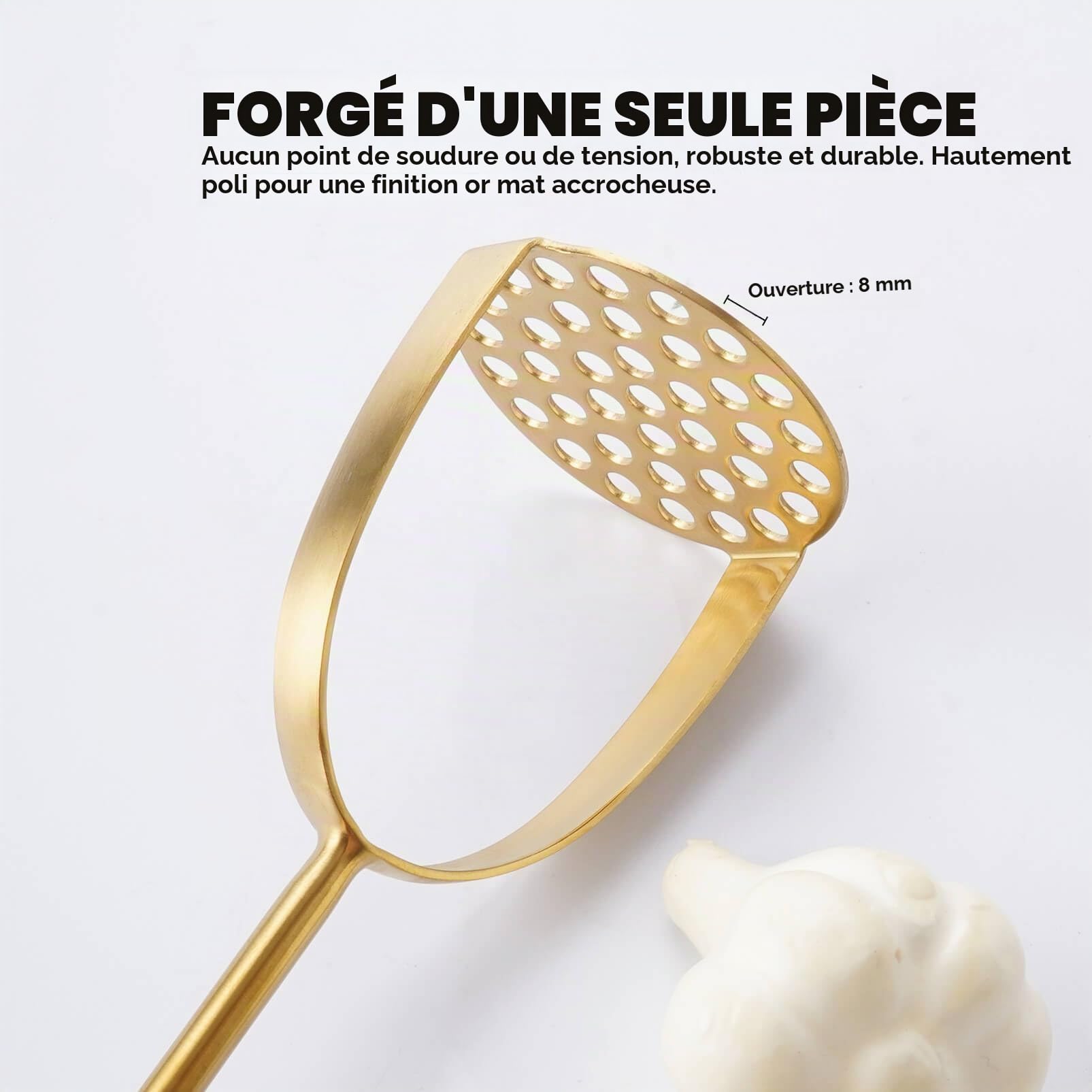 Ensemble d'ustensiles de cuisine dorés, 12 ustensiles de service en laiton mat, outils de cuisine en acier inoxydable 18/10 – Presse-purée, pince, fourchette à viande, spatule, spatule, louche